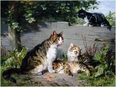Mother Cat with Three Kittens Accent Tile Mural Kitchen Wall Backsplash Ceramic