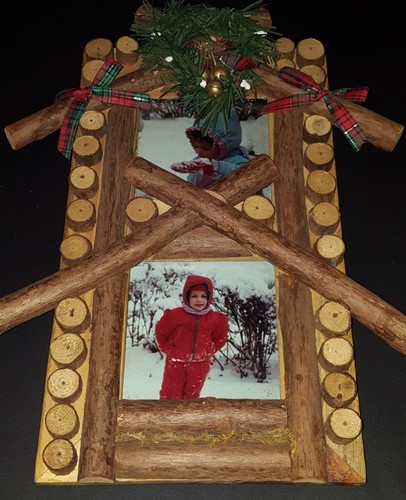 Vintage Christmas Picture Frame 2.5" x 3.5" Double Photo Rustic Wood Log Frame - 第 2/8 張圖片