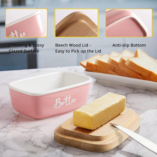 Pink Butter Dish with Lid for Countertop - Ceramic Farmhouse Butter Keeper Conta - 第 5/12 張圖片