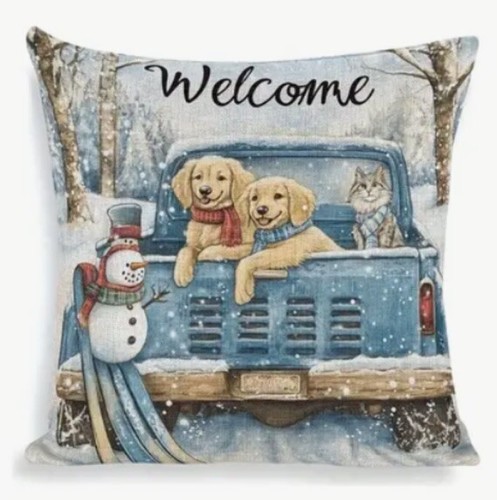 Golden Retriever Holiday Winter Scene Christmas Throw Pillow Cover Home Decor - 第 1/3 張圖片
