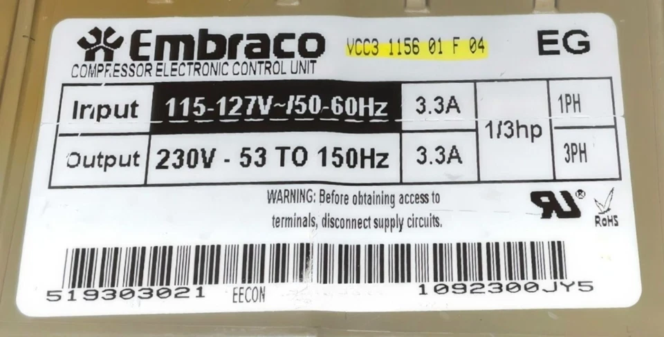 Unidad de control del compresor del refrigerador GE - Parte # VCC3 1156 01 F 04 Foto 4 de 4