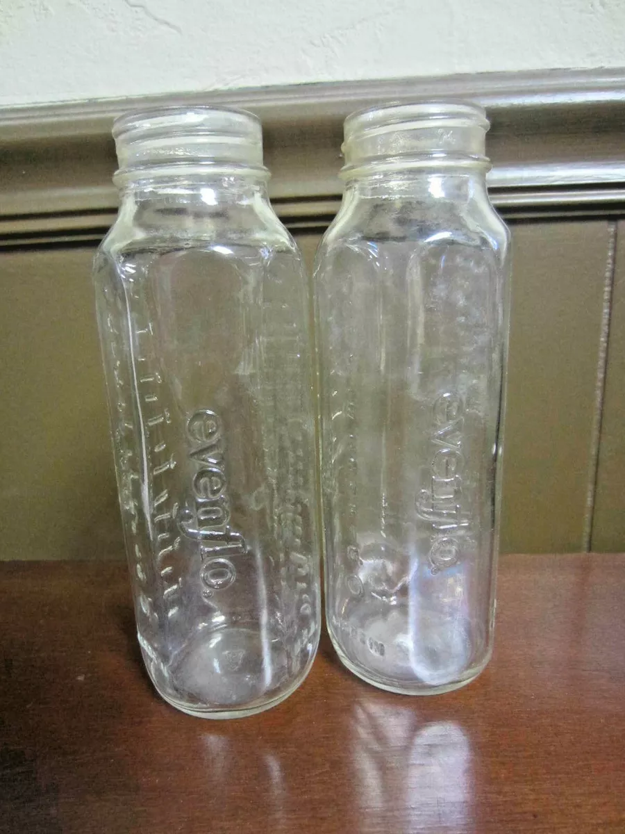 2 EVENFLO Embossed Glass Baby Bottles Vintage 8oz Made in USA