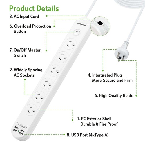 SAA Power Board Strip 6 Outlets w Master Switch White 10A 240V 1M, 4 USB-A 3.4A - Picture 4 of 8