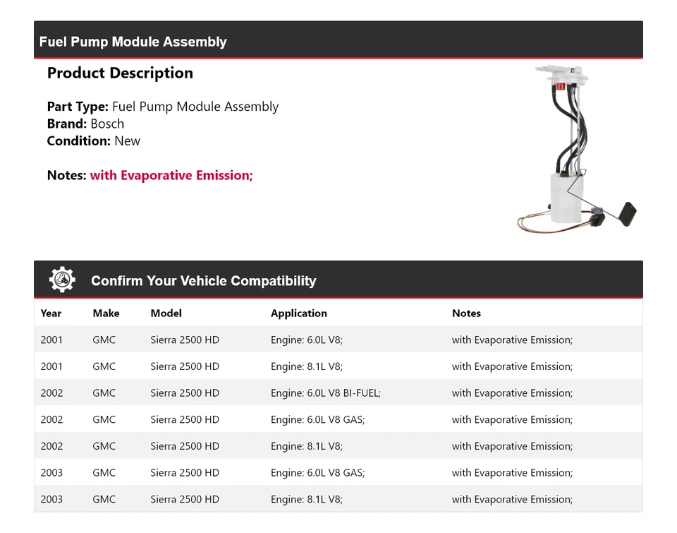 Conjunto de módulo de bomba de combustible Bosch 2002 para GMC Sierra 2500 HD 2001-2003 Foto 2 de 4