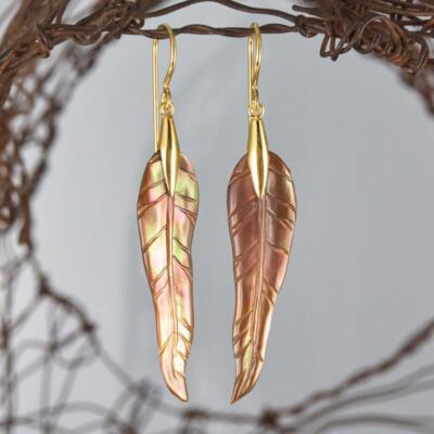 Gum Tree Leaf Earrings Carved Shell & Gold Vermeil on Sterling Silver 2.74 g