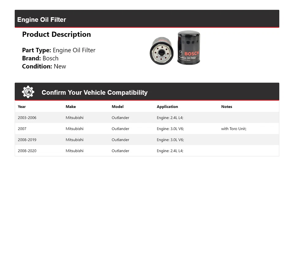 Filtro de aceite premium para Mitsubishi Outlander Bosch 2003-2020 2004 2005 2006 2007 Foto 2 de 3