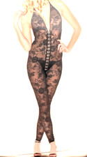 Black lace bodysuit with low back and front hook closures