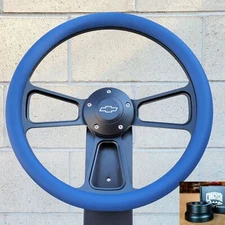 14" Black Billet Steering Wheel Blue Vinyl 1974-94 C10 Chevy Pickup Horn+Adapter