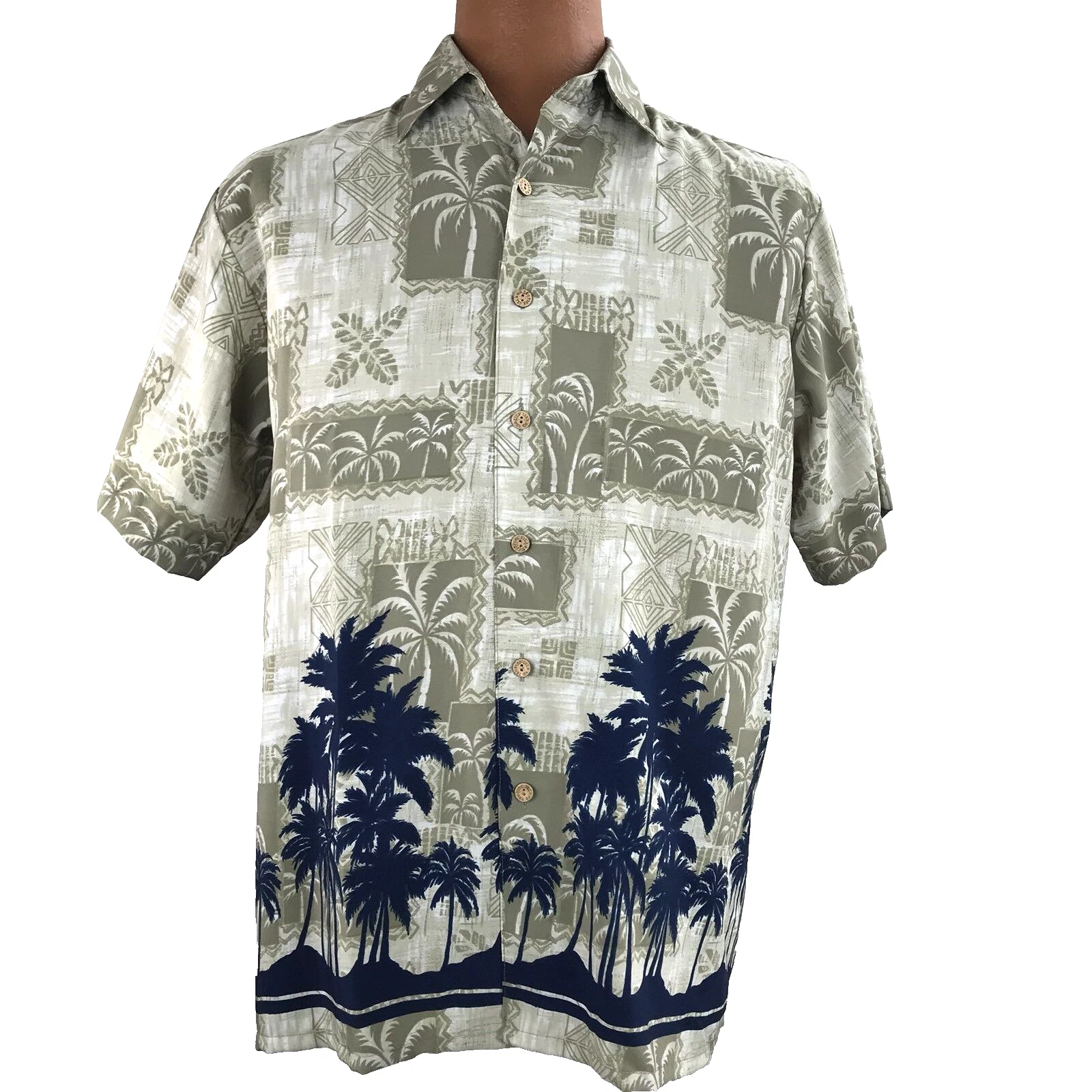 Island Tropics Hawaiian Aloha Shirt Medium Palm Trees Beige Blue Tapas Shirt