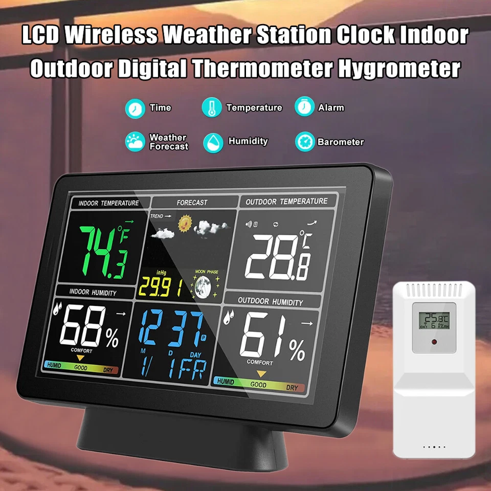 Digital LCD Indoor & Outdoor Weather Station Clock Calendar Thermometer Wireless - Image 3 of 4