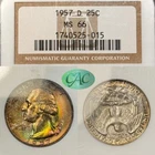 MS66 1957-D 25C Washington Silver Quarter, NGC & CAC- Old Holder Rainbow Toned