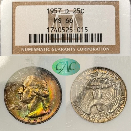 MS66 1957-D 25C Washington Silver Quarter, NGC & CAC- Old Holder Rainbow Toned