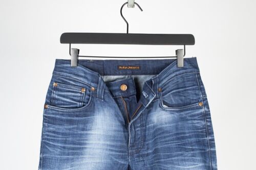 Pantalones de mezclilla 422 Nudie Thin Finn orgánicos Strikey usados azules talla 32/32 - Imagen 3 de 7