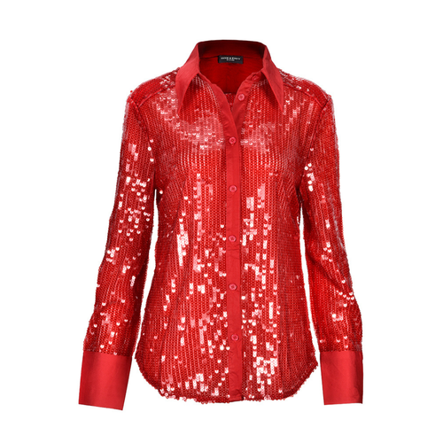 Women's Red Sequin Collared Long Sleeve Shirt eBay