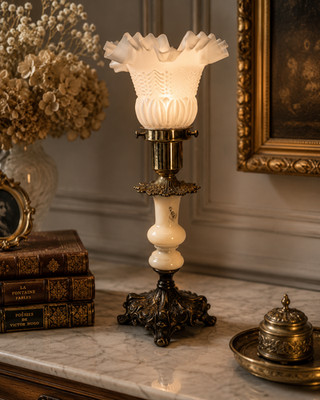 1930s Art Deco Table Lamp - Brass & Milk Glass with Frosted Shade, Pierrot Motif