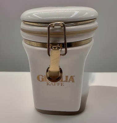 #ad Vintage WHITE GEVALIA KAFFE COFFEE 7quot; CANISTER PRESSURE SEALED with HINGED LID $11.99