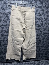 Zara The Marine Straight Jeans Stretch Wide Leg Raw Hem High Rise Sz 11/12 Beige