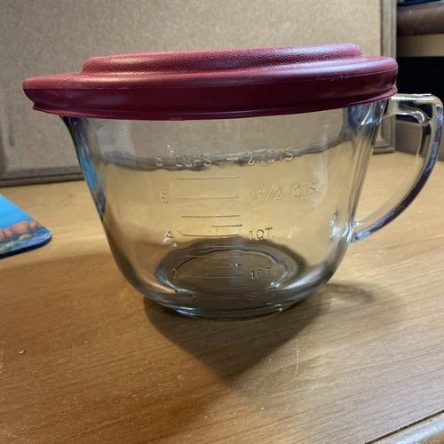 Vtg Anchor Hocking 2qt Glass Batter Bowl w Red Lid - EPOC