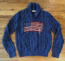 Polo Ralph Lauren Indigo Blue Aran AMERICAN FLAG Knit Cabled Sweater Medium