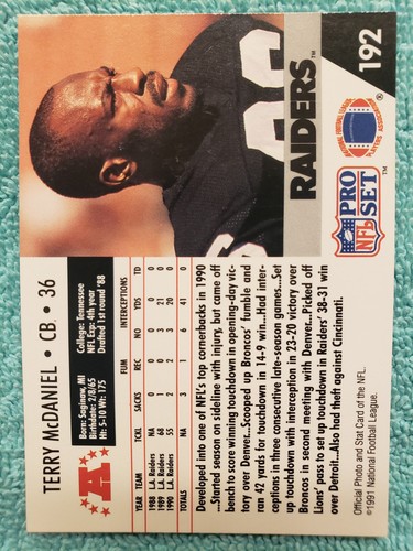 1991 PRO SET TERRY MCDANIEL #192 LOS ANGELES RAIDERS - Picture 3 of 4