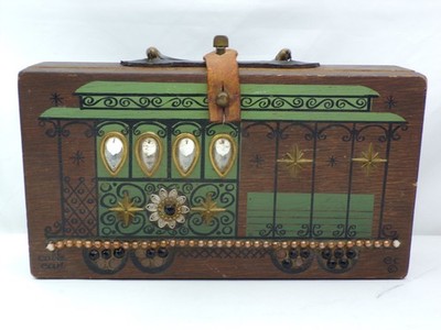 Vtg Enid Collins 1964 ''Cable Car  Wooden Box Bag Purse With Mirror Texas USA
