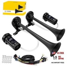 Dual Trumpet Air Horn, Train Horn for Truck with 2 Air Compressors 12V Black
