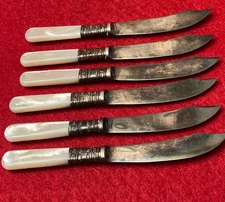 1855 SIX (6) fruit  knives made by Meriden Cutlery Co. Mother of Pearl handles