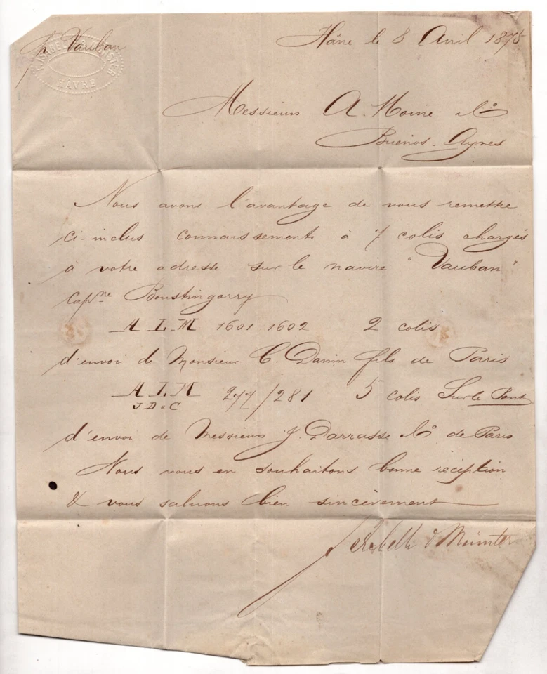 FRANCIA A ARGENTINA 1875 PUBLICADO EN LE HAVRE TRANSPORTADO POR BARCO DE VAPOR "P.P." Foto 3 de 3