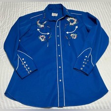Vintage 70  s H Bar C Ranchwear Blue Embroidered Western Pearl Snap Shirt Size XL
