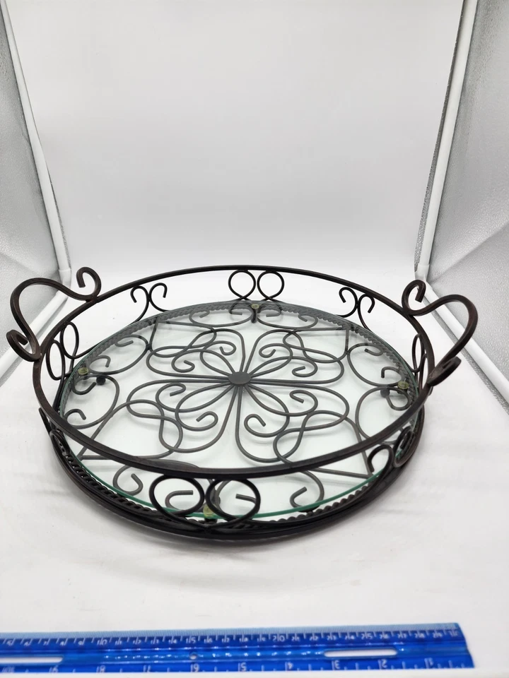 Southern Living at Home, 14" Round Jamestown Metal Footed Tray w/ Glass Insert - Image 4 of 4