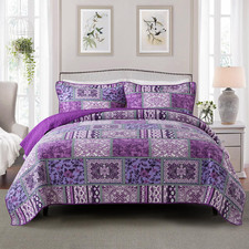 Etwel Queen Size Quilt Set Purple Quilt Set Queen Size 3 Pieces Boho Floral