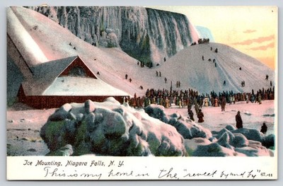Niagara Falls New York~Ice Mounting~Lodge Bldg~Winter Scene~Crowd~1907 Postcard