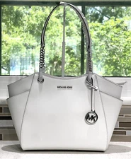 MICHAEL KORS JET SET TRAVEL LARGE CHAIN SHOULDER TOTE BAG PURSE MK WHITE SILVER