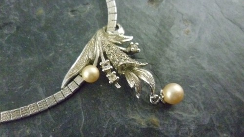 Kette Perle florale Darstellung Blume Blatt 925er Sterling Silber - Picture 3 of 5