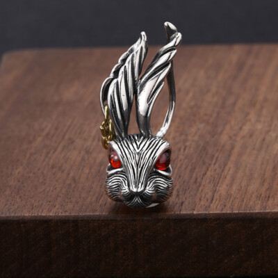 Gothic Vintage Sterling Silver Rabbit Head Ring with Red Gemstone Eyes Pendant