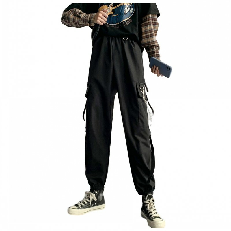 Women Straight Tapered Pants Chains Ribbon Overall Trousers