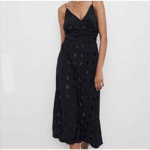 Zara Wrap Dress Black Satin Polka Dot Women’s Size Small
