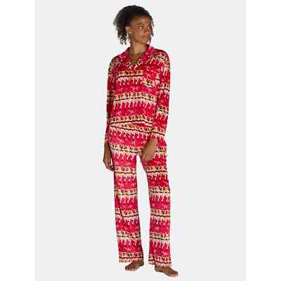 Holiday Time Women's  Velour Pajama 2Pc Set Dancing Girls Red Size XL (16-18)