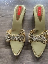 Women Party Wear Gold Sandals Slip On Shoes for bridal wear Or Party Wear.