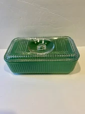 Vintage Jeanette Green Ribbed Glass Refrigerator Dish w/Clear Lid