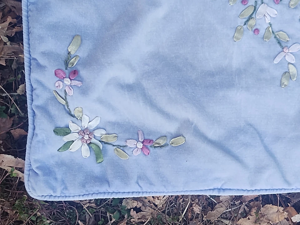 PR Vtg Blue 17" Velvet Throw Pillow Case Silk Ribbon Floral Embroidery - Image 4 of 4