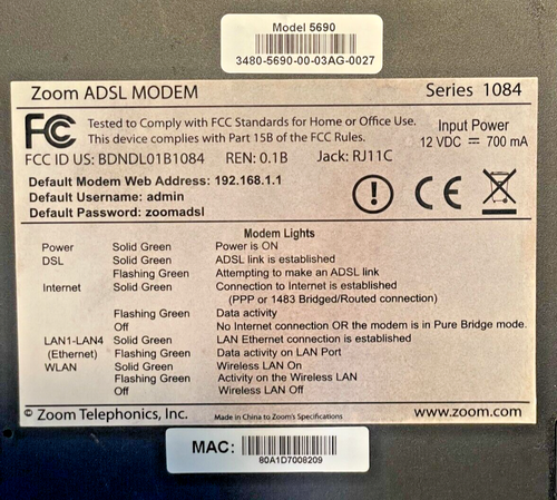 Zoom ADSL X6 wireless MODEM ROUTER Model 5690 - Picture 3 of 3