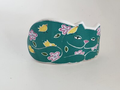 Trinket dish Catch-all Planter porcelain Green Floral Lying-down cat EUC