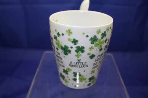 An Old Irish Blessing Green Print White Ceramic Mug and Spoon Green Shamrocks - Picture 7 of 8