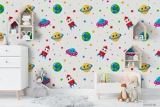 3D Rocket Planet Pattern Kids Self-adhesive Removeable Wallpaper Wall Mural