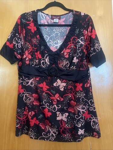 Baby Phat Y2K Babydoll Oberteil Schmetterlinge Metallic Damen 1X Rot Schwarz Stretch - Bild 1 von 13