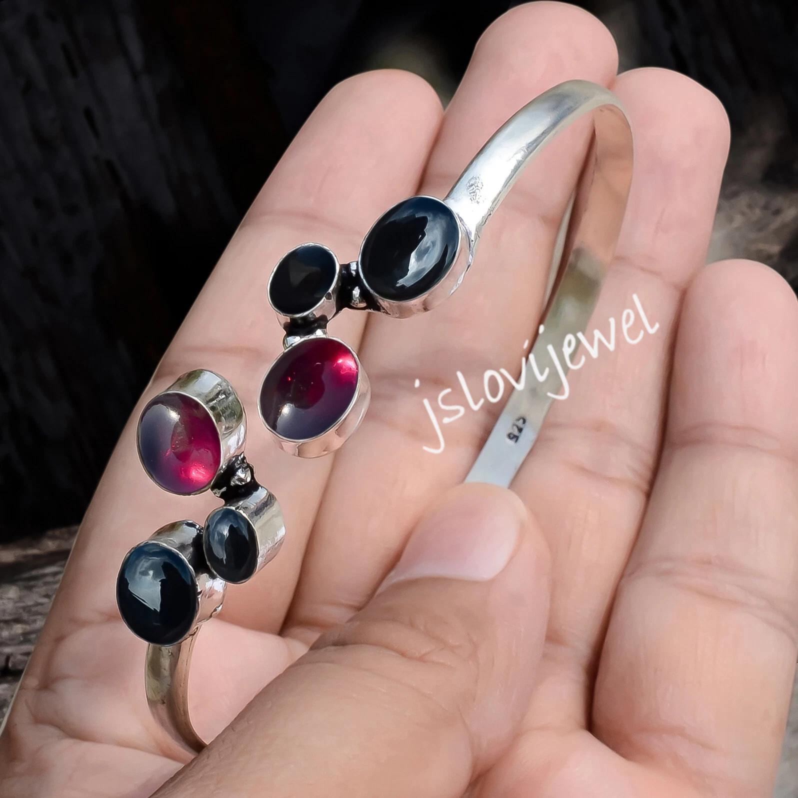 VALENTINO Bracciale Bracciale Regalo Compleanno Argento Sterling 925 Onyce Nero & Granato Rosso