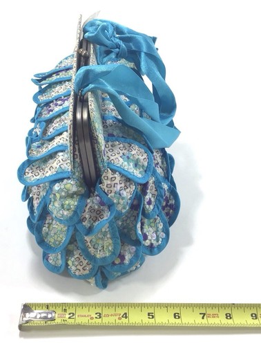GAP Blue Beaded Mermaid Bow Ribbon Handle Kisslock Frame Bag Vintage Party Purse - Picture 10 of 12