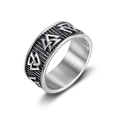 10mm Vintage Viking Valknut Ring Stainless Steel Men's Biker Punk Wedding Ring