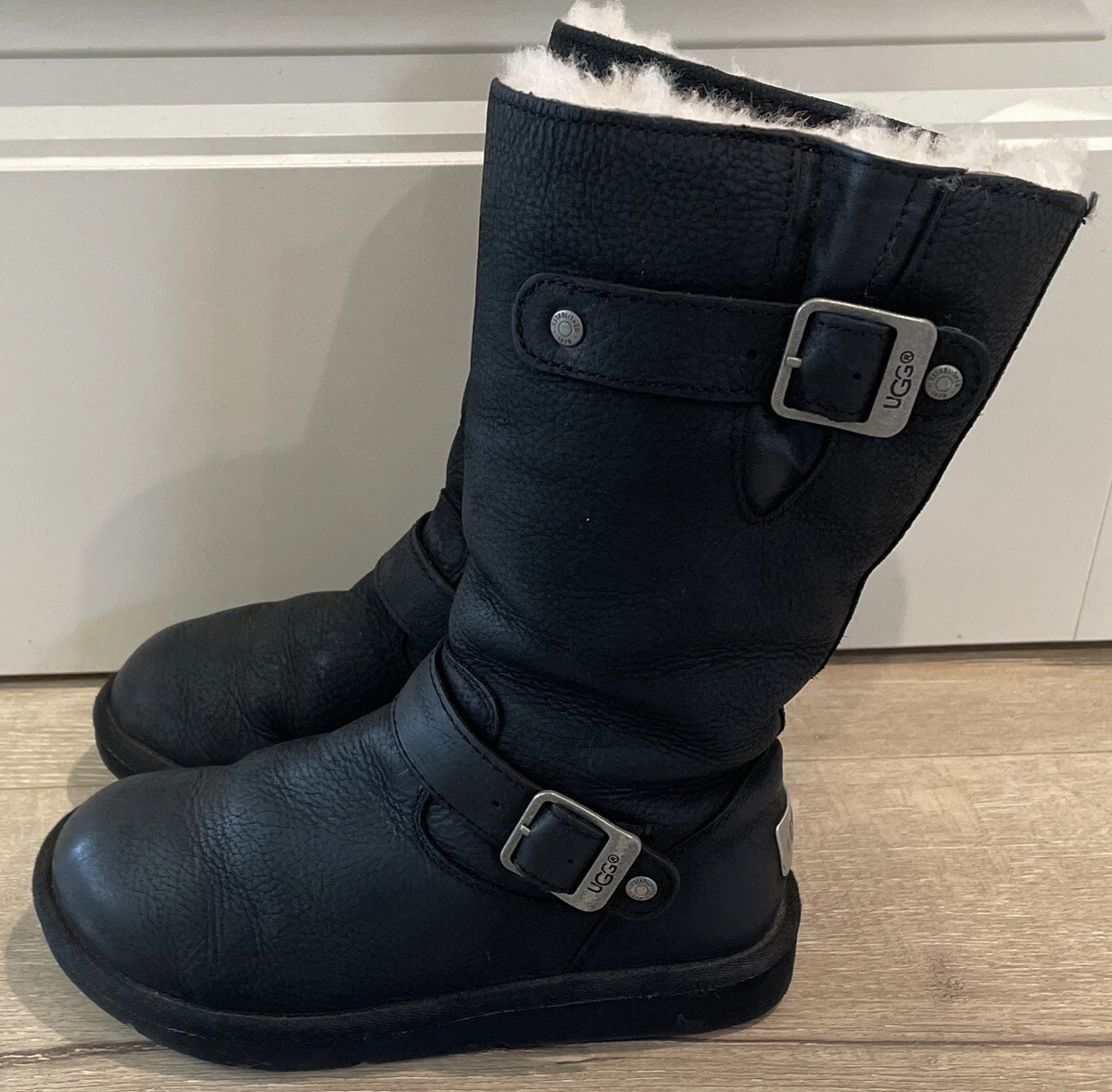 UGG Australia Black Leather Boots with Moto Style Womens 5 | eBay